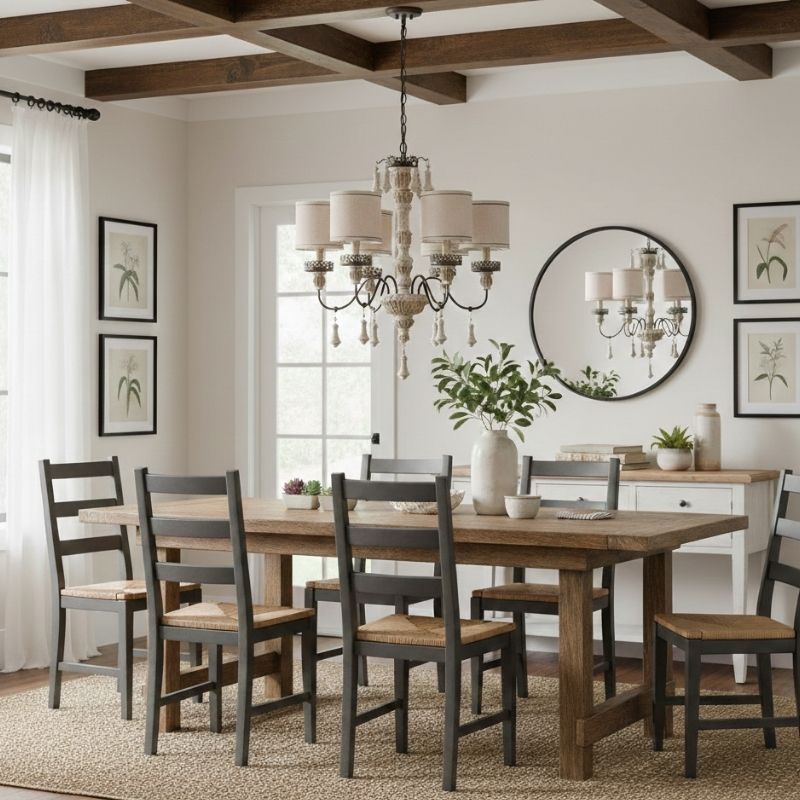 Retro Wood Chandelier With Fabric Shade