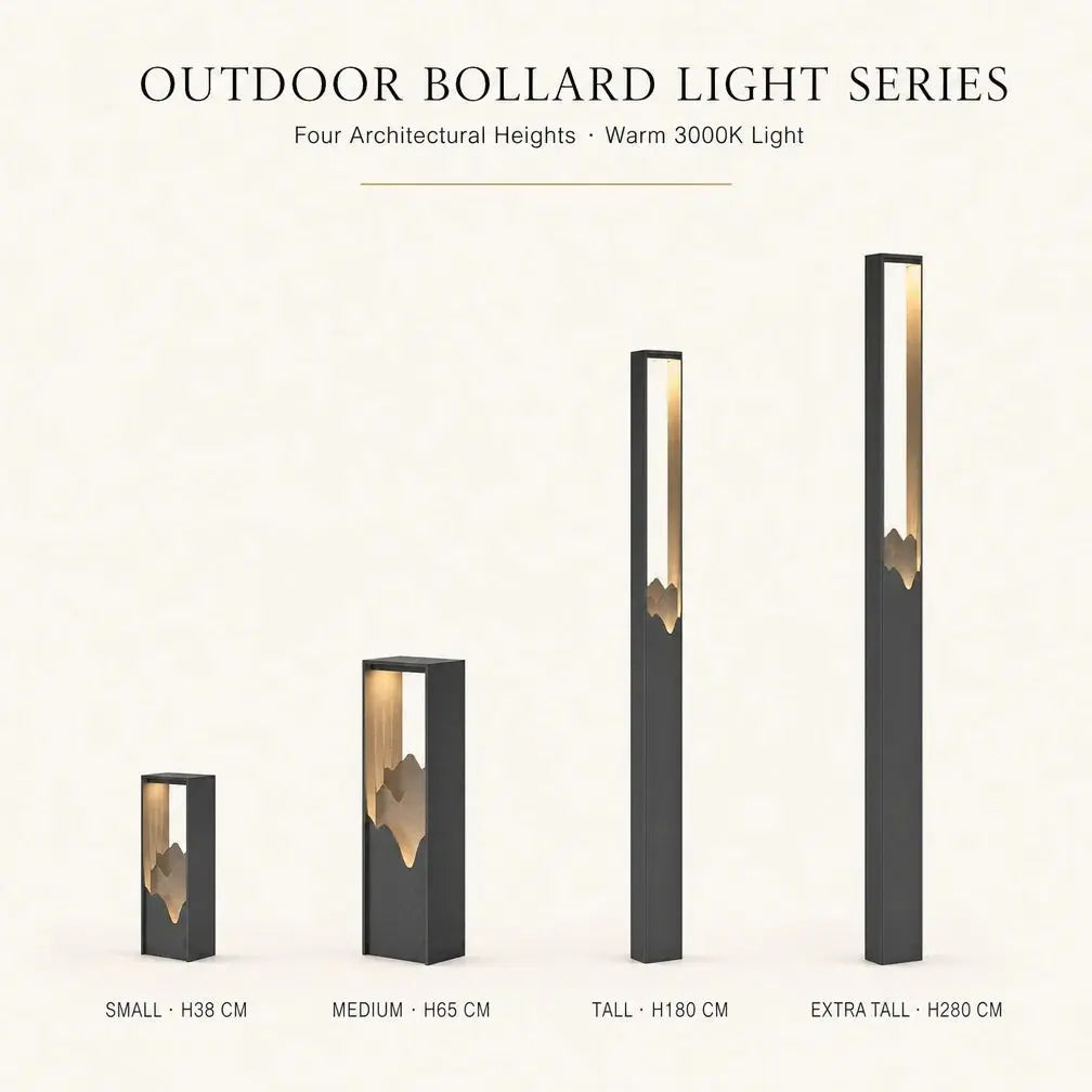 Outdoor bollard light series infographic showing four heights: small 338 cm, medium 65 cm, tall 1180 cm, and extra tall 280 cm. The lights are tall rectangular black fixtures with a warm gold mountain-like cutout detail and glowing warm white interior light, on a light beige background with text labels.
