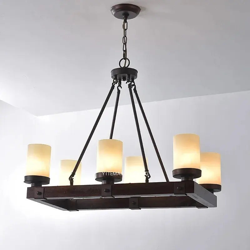 American Retro Chandelier Solid Wood Rectangular – Vintage Wooden Ceiling Light
