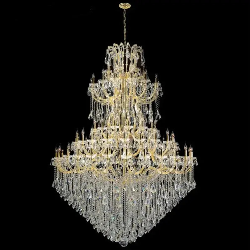 Grand chandelier with crystal details on a black background.