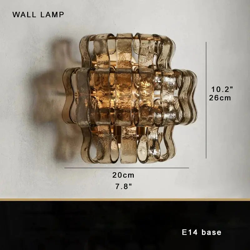 Wall lamp with dimensions and E14 base information on a light gray background