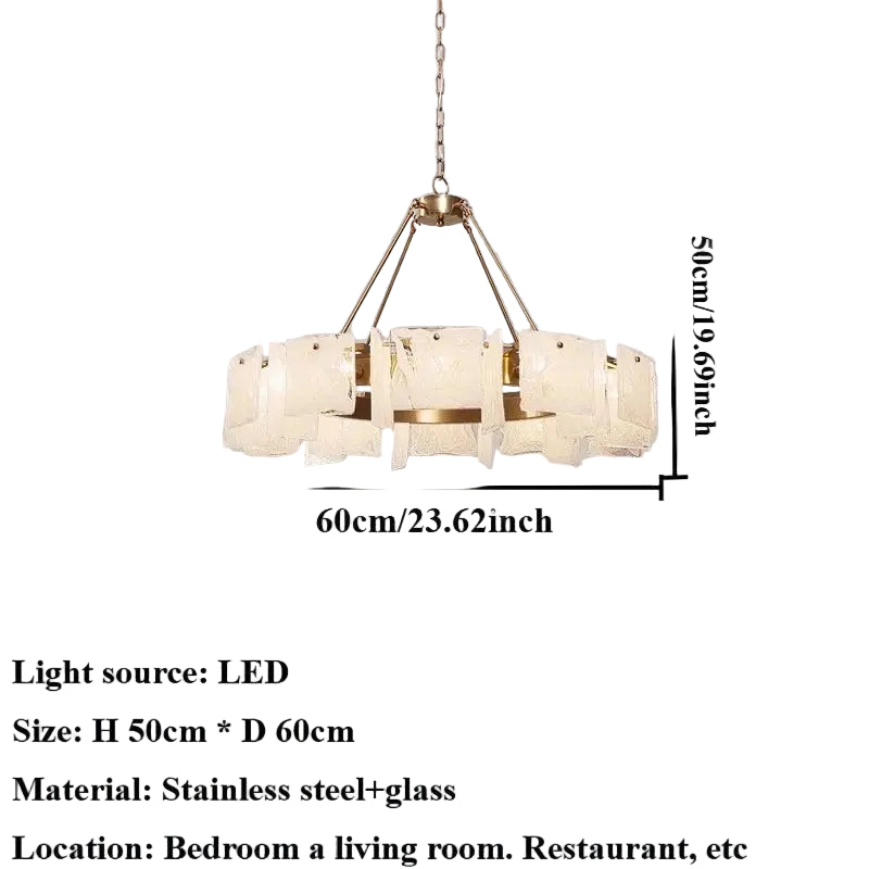 Chandelier with dimensions and product details on a gray background