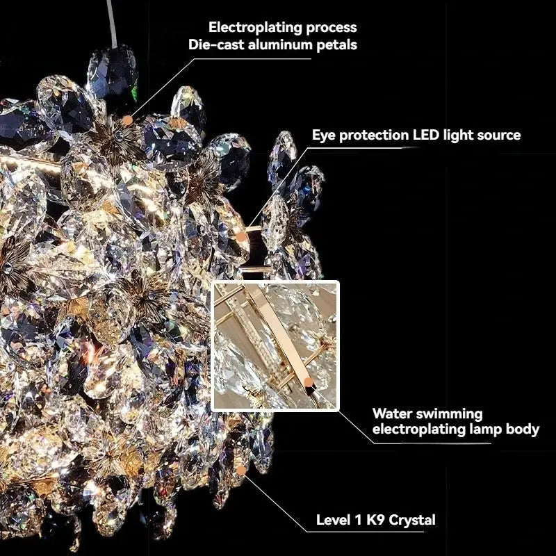 Crystal chandelier with labeled components on a black background