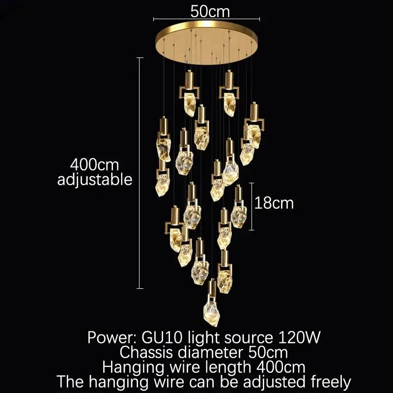Crystal chandelier diagram labelled with a 50 cm canopy, 400 cm adjustable drop, 18 cm pendant and 120 W GU10 lighting.