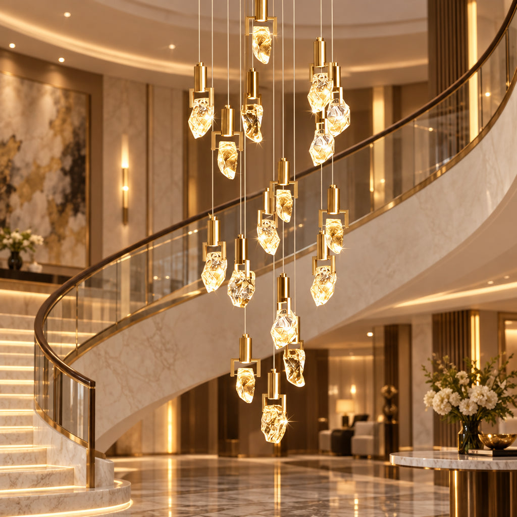 Cascading crystal chandelier with gold-toned fittings suspended beside a sweeping staircase in an entrance hall.