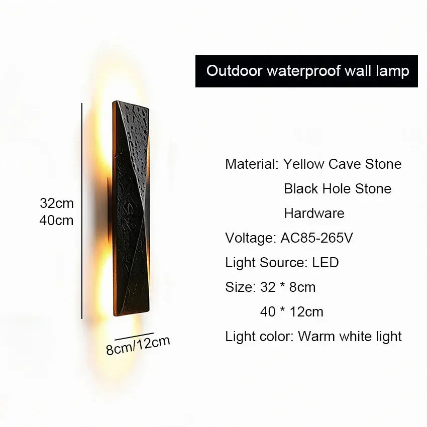 Outdoor waterproof wall lamp made of yellow cave stone and black hole stone, shown with dimensions (32cm height, 8cm width) and specifications on a white background.