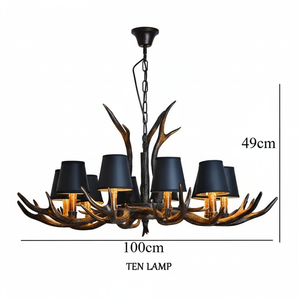 Chandelier with antler design and black lampshades, featuring measurements on a gray background.