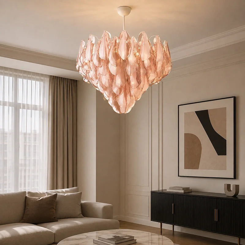Murano-inspired petal glass chandelier with decorative layered shades