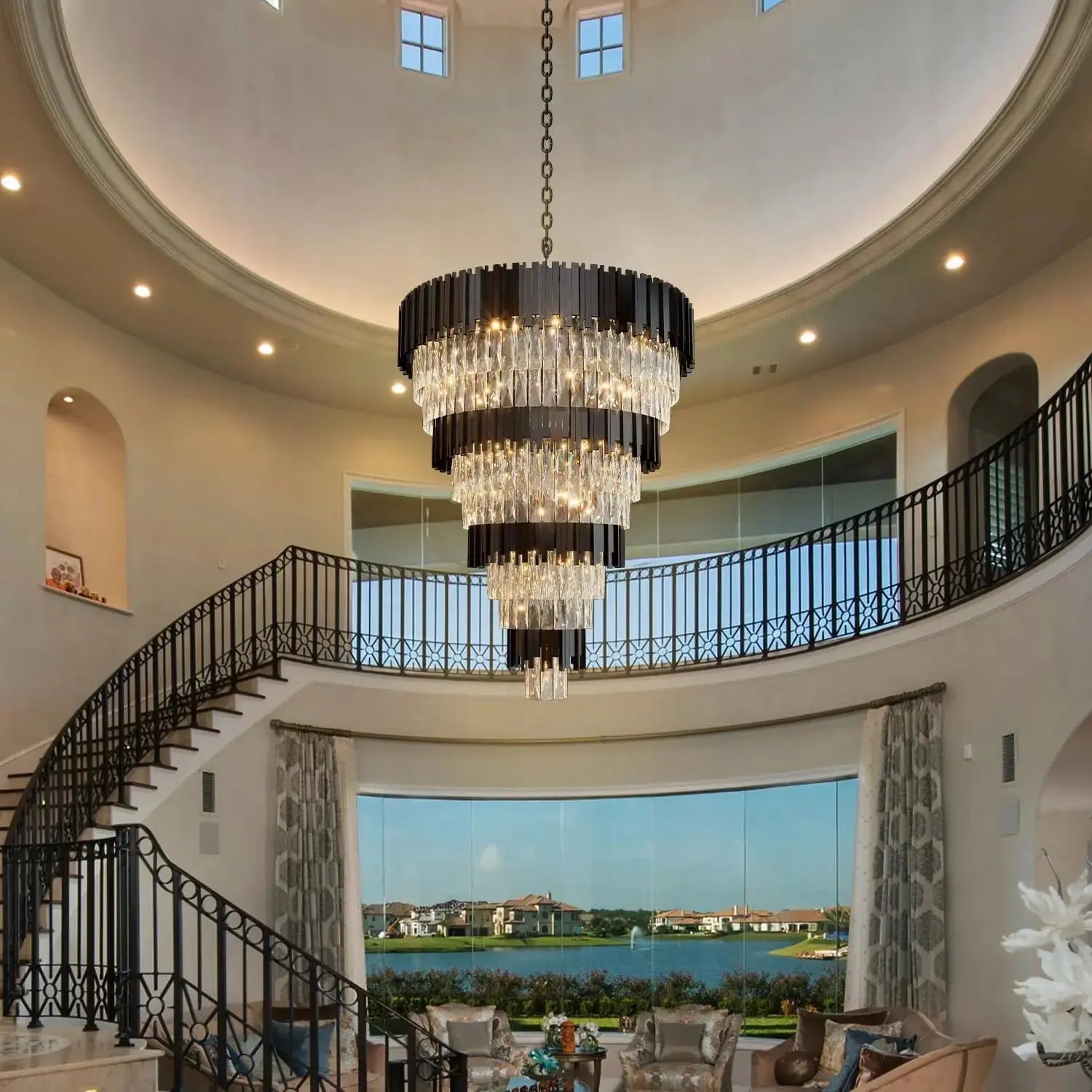 Luxury Black Crystal Chandelier For Large Staircase