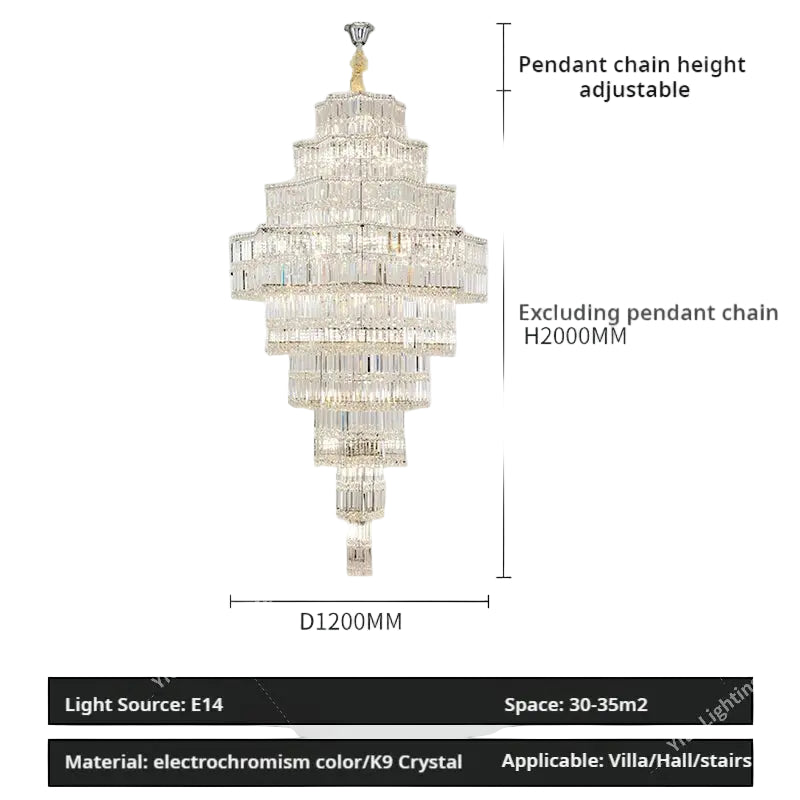 Crystal chandelier with dimensions and specifications on a gray background