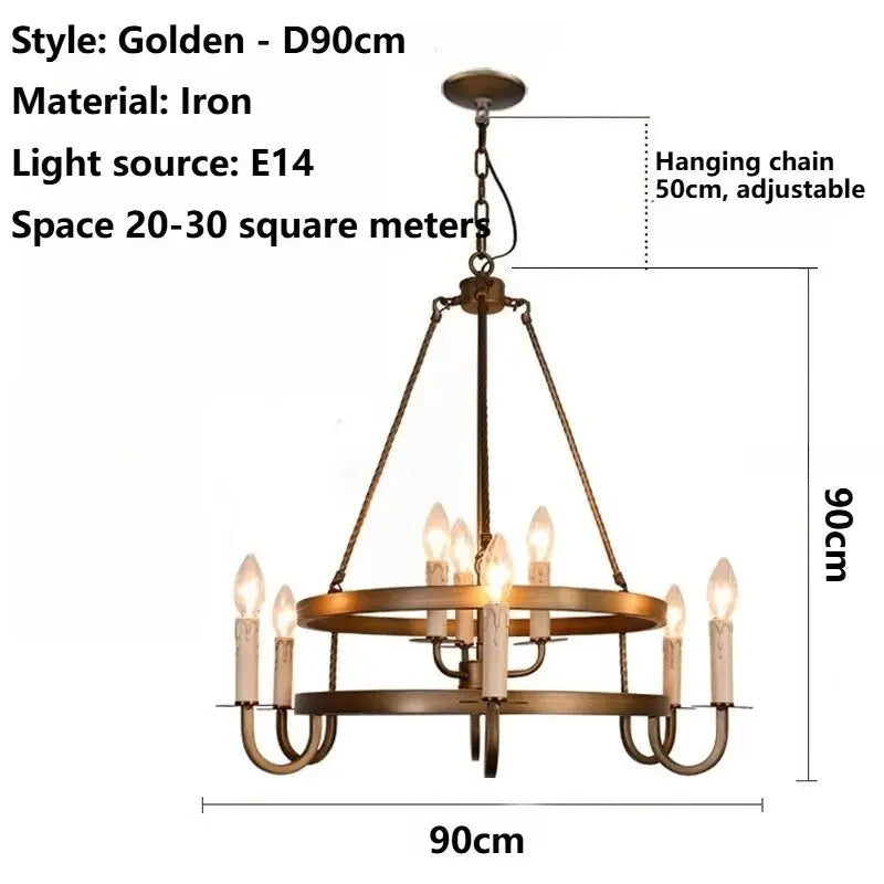 An antique-style multi-light chandelier with a circular ring design, shown on a white background with dimension labels indicating 90cm width, 90cm height, 50cm adjustable hanging chain, and a 14W light source.