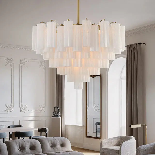 Pendant chandelier showing the sculptural decorative shade design