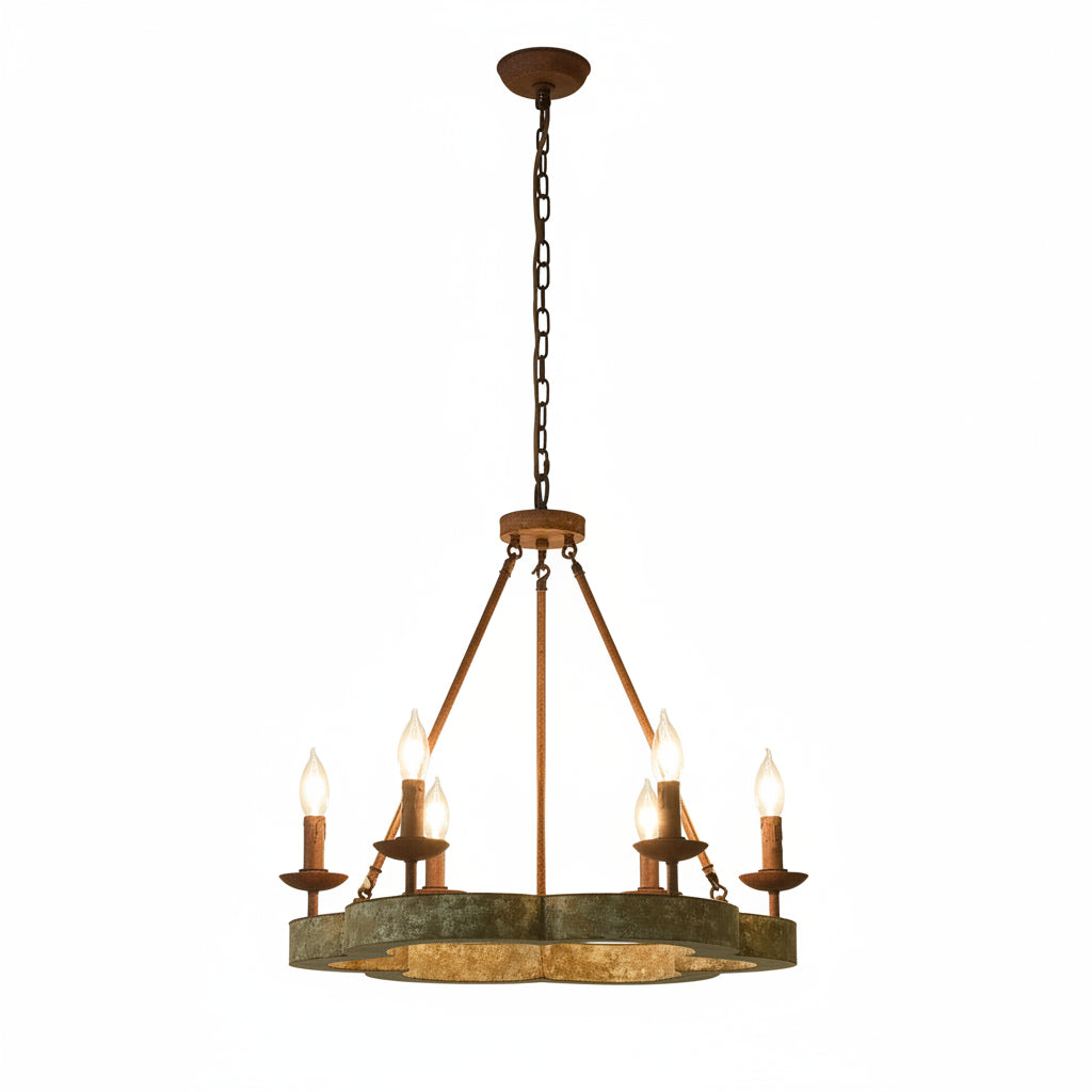 Rustic chandelier with multiple candle-style lights on a white background