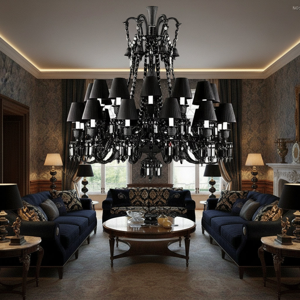 Luxurious chandelier hanging in a dimly lit room with elegant furniture.