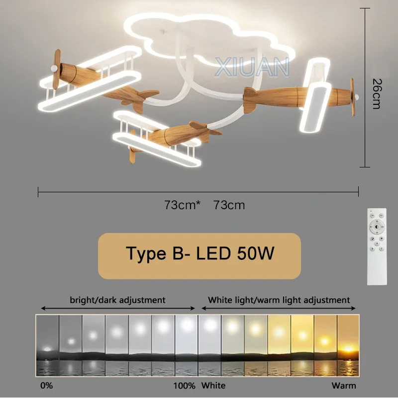 Neon light fixture shaped like airplanes with remote control and color adjustment options on a gray background.