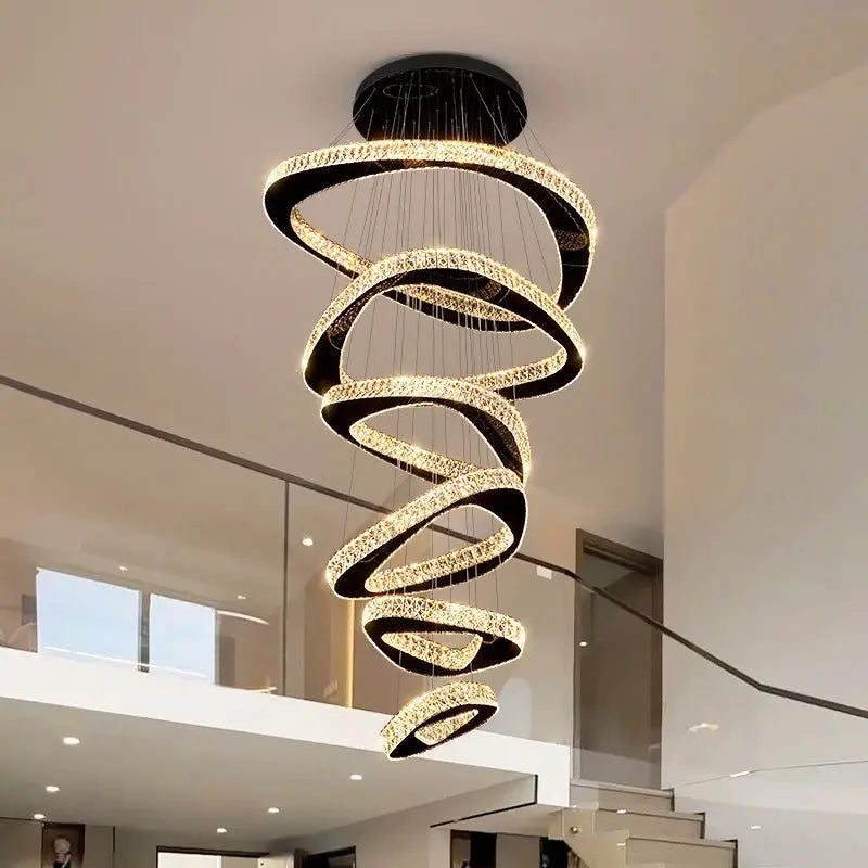Spiral chandelier hanging in a modern interior setting