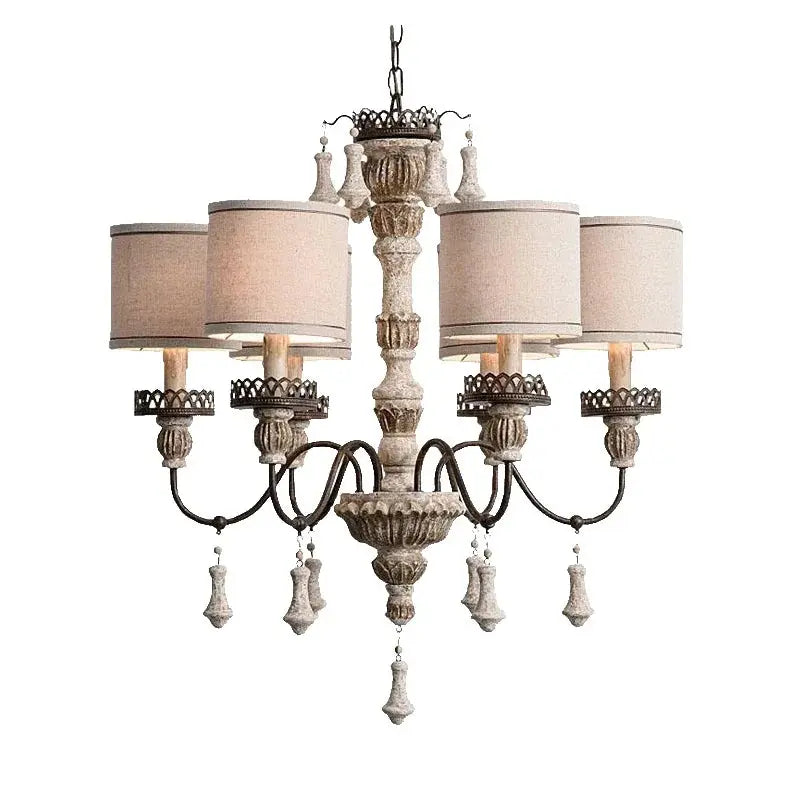 Retro Wood Chandelier With Fabric Shade