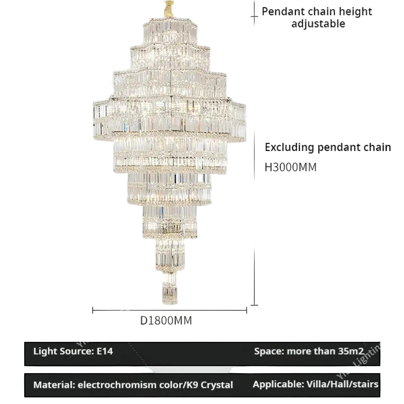 Crystal chandelier with dimensions and specifications on a white background
