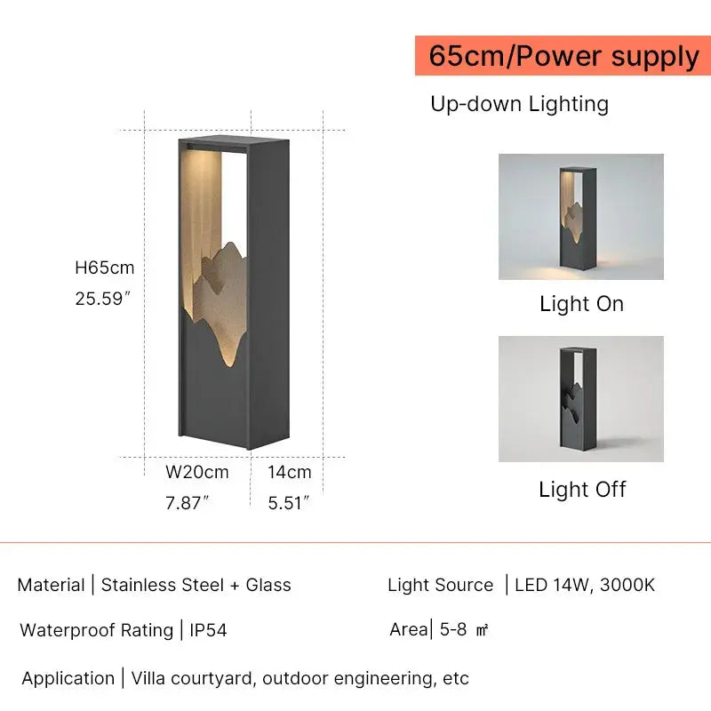 Product specification and feature graphic for a modern rectangular outdoor light fixture. The main diagram shows the light in dark gray with a warm illuminated interior, labeled with dimensions H65cm, W20cm, and 14cm.