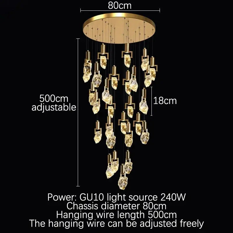 Crystal chandelier diagram labelled with an 80 cm canopy, 500 cm adjustable drop, 18 cm pendant and 240 W GU10 lighting.