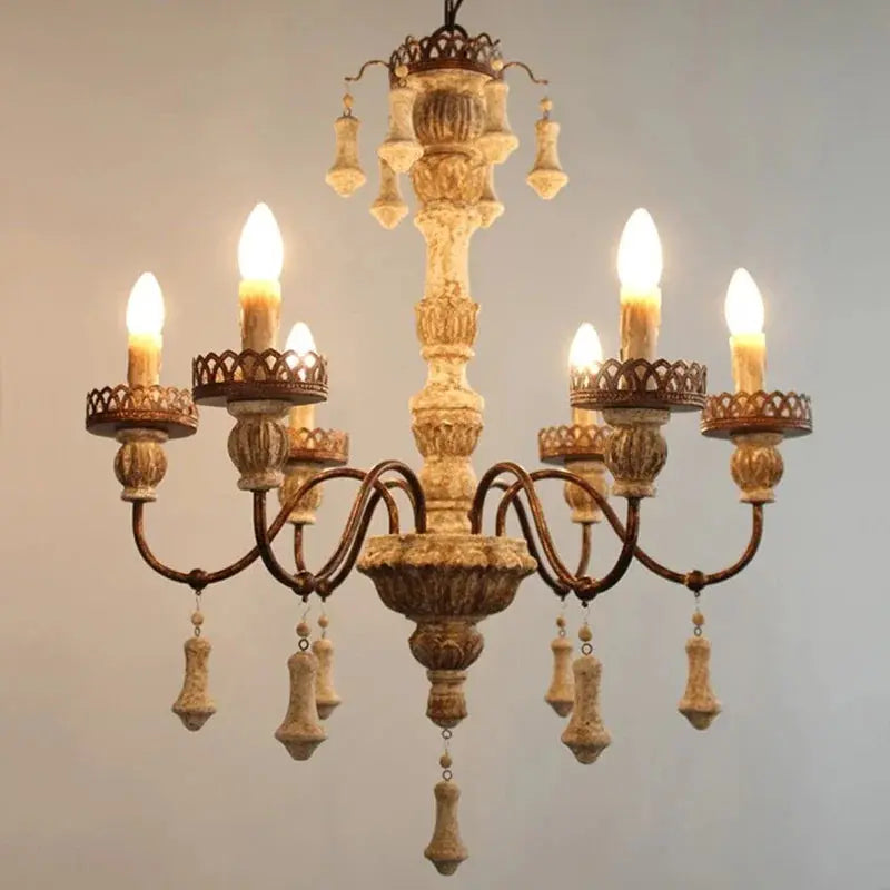 Retro Wood Chandelier With Fabric Shade
