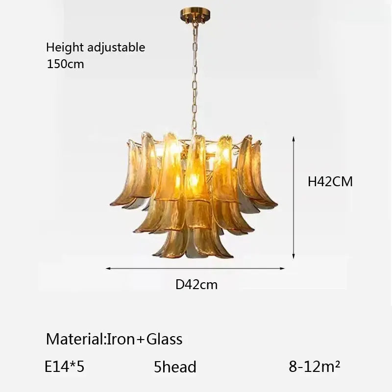 Chandelier with dimensions and material details on a white background