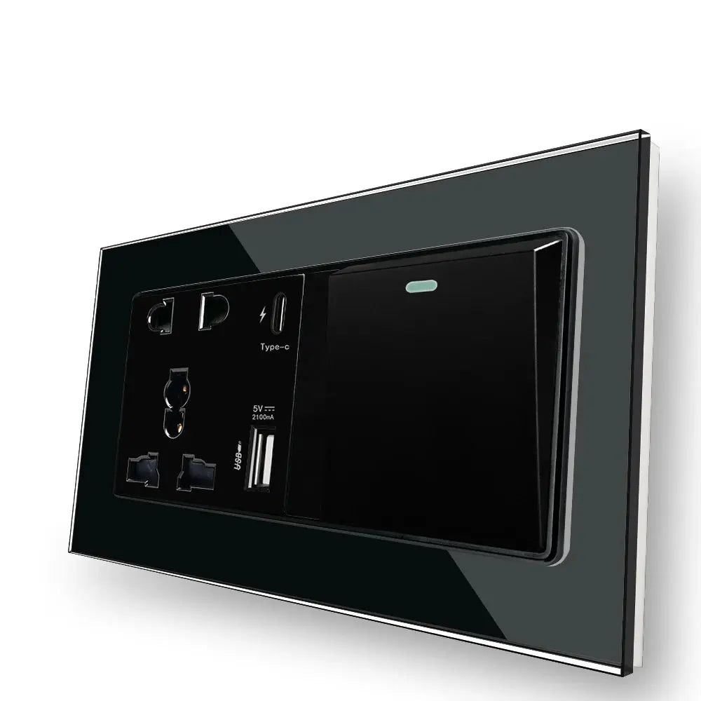 Black wall switch with Delviz branding on a white background
