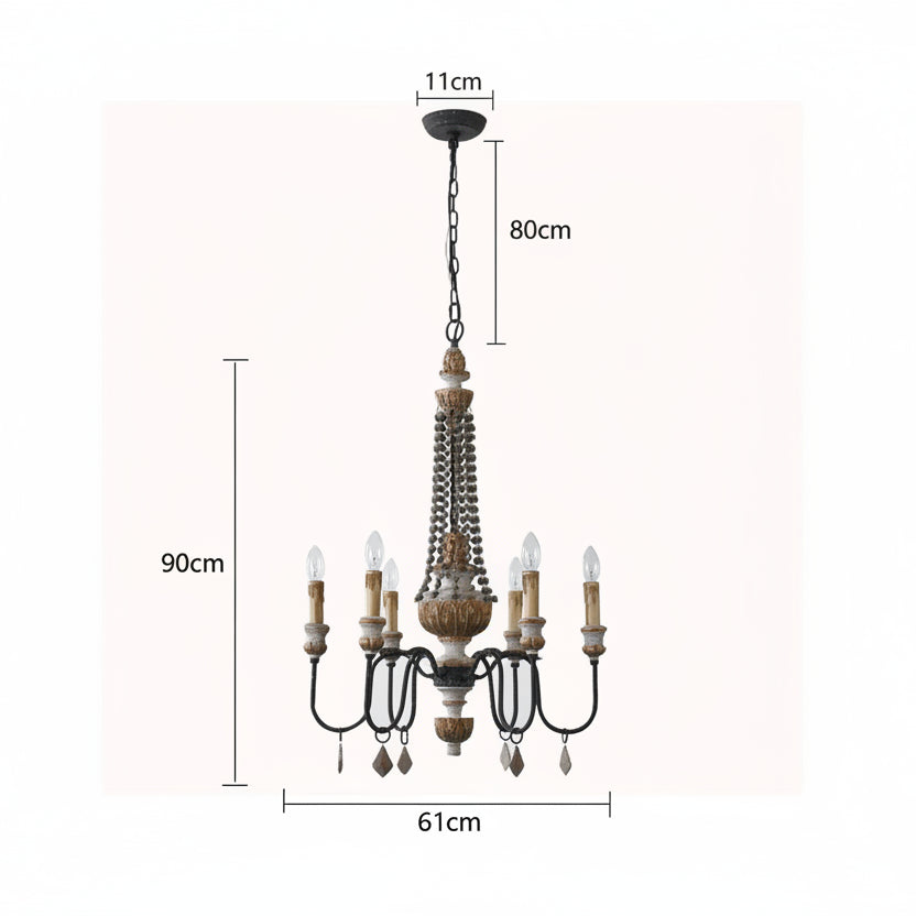 Wooden chandelier with dimensions on a white background