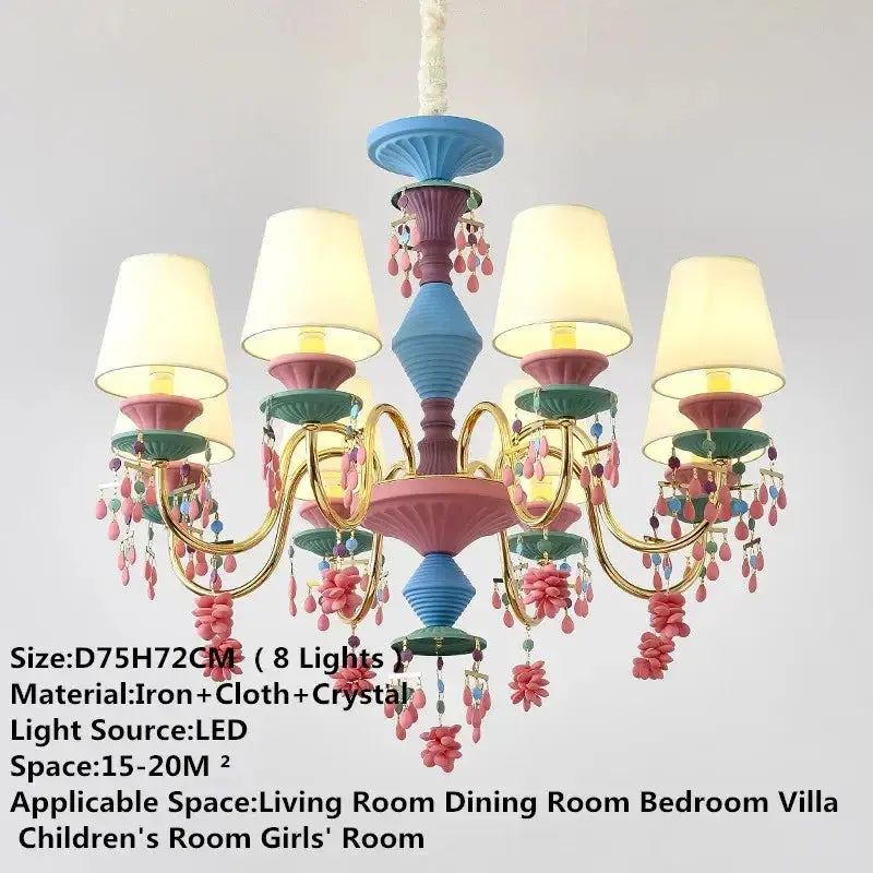 Colorful chandelier with white lampshades on a gray background