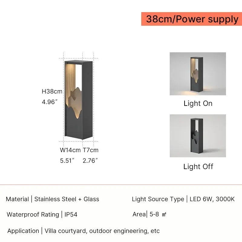 Product specification and dimension diagram for a modern rectangular outdoor light fixture. The image shows the fixture labeled with height and width measurements, plus two small photos demonstrating the light on and off, with text listing material (stainless steel + glass), light source type, waterproof rating, and application.
