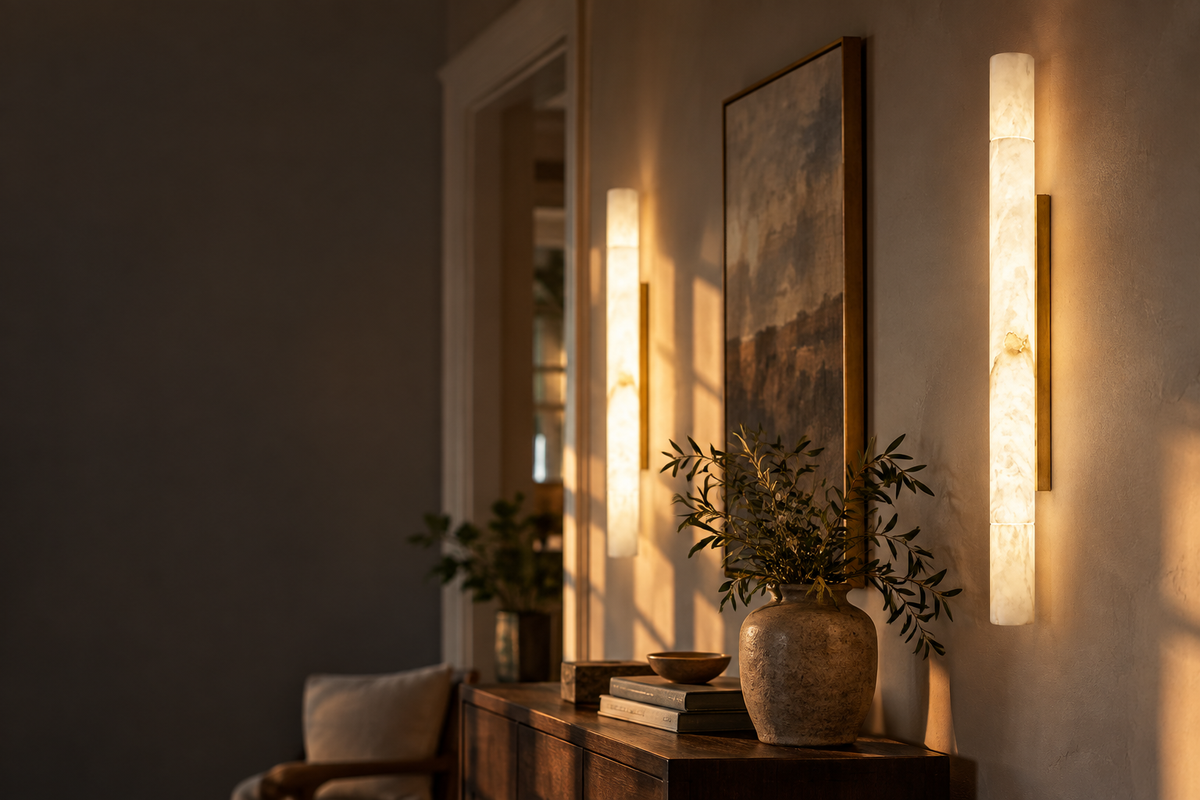 Alabaster indoor wall sconces glowing in a British home