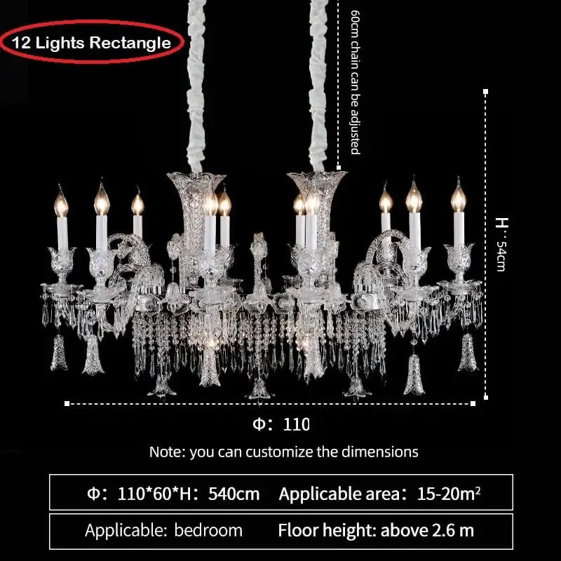 Crystal chandelier with dimensions and customization options on a black background