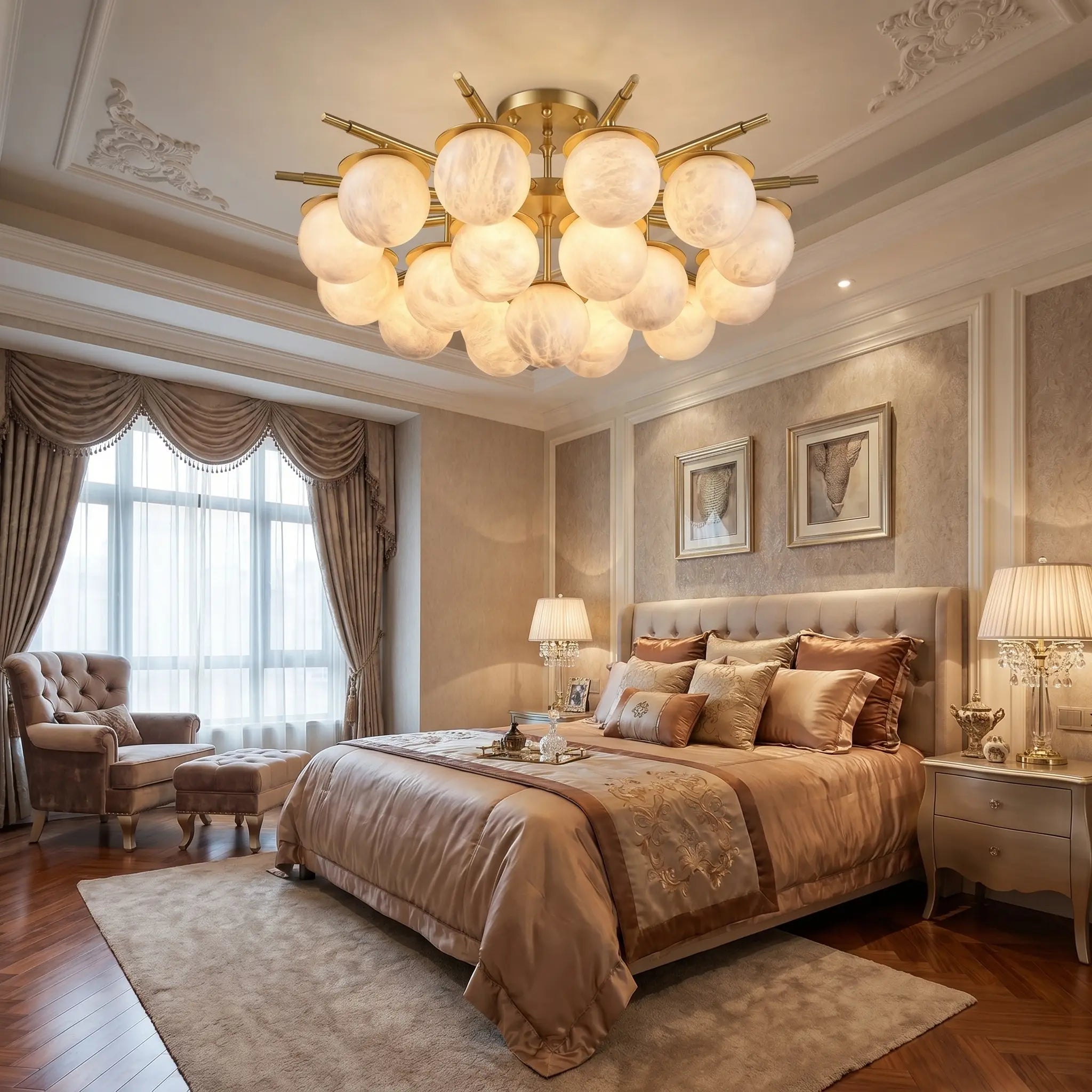 Brass Orb Cluster Ceiling Alabaster — D1000 — mra-brass-orb-cluster-ceiling-91066-d1000-scene-2
